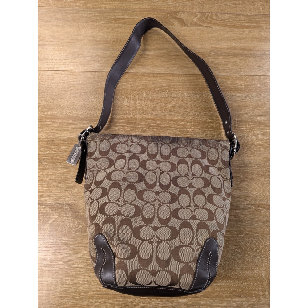 Vintage 2005 COACH 6076 Signature Jacquard Canvas Brown Leather Hobo Bucket Bag